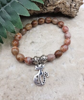 Peach Agate Cat Charm Stretch Bracelet