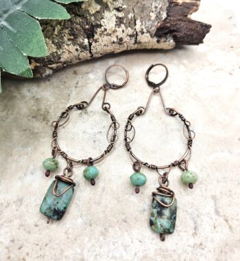 Wire Wrapped Copper Green Earrings