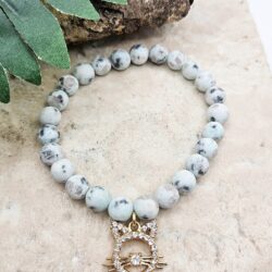 Kiwi Jasper Cat Charm Stretch Bracelet